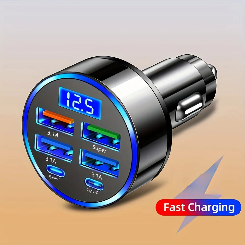 6-in-1 Fast Charging Car Adapter 3.1A Dual Type-C Digital Display Smartphones Tablets Power Banks Black Portable Charger